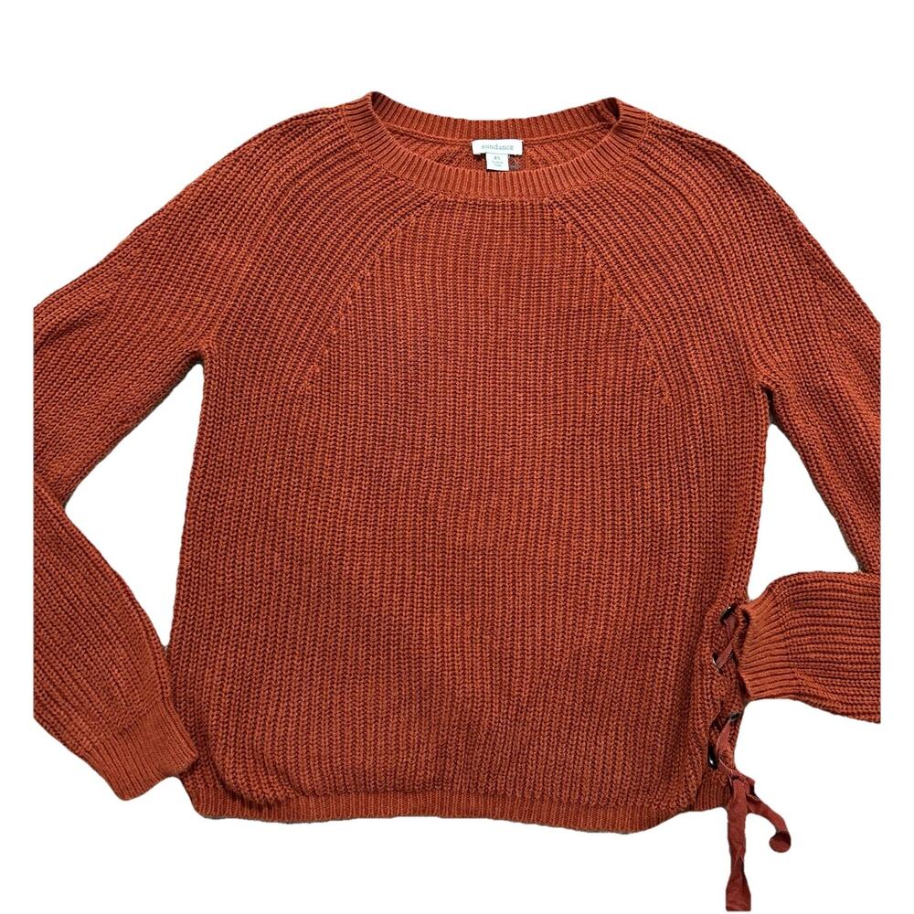 Sundance Knit Pullover Sweater M Orange Cotton Chunky Ribbon Detail